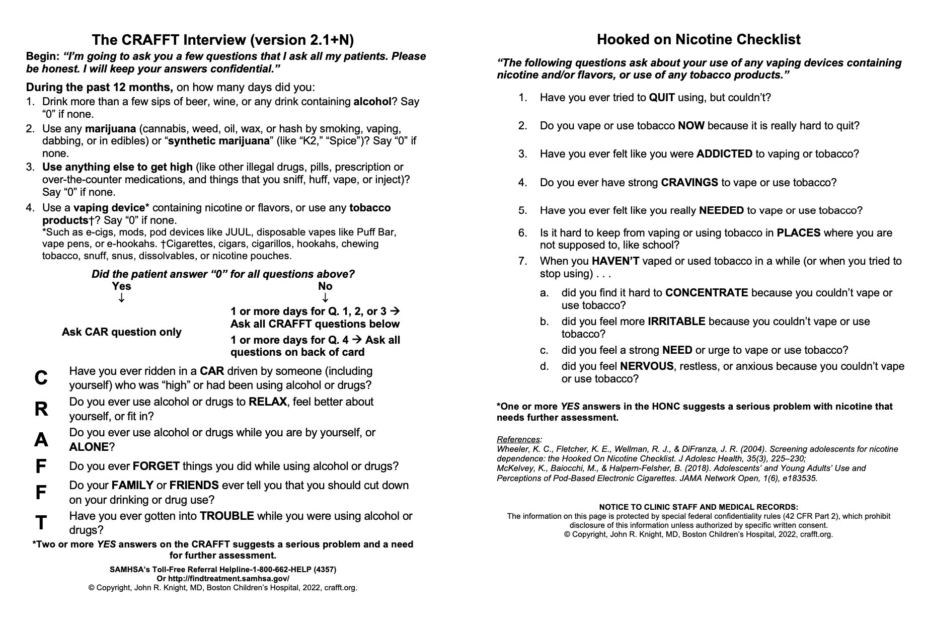 CRAFFT 2.1+N Clinician Pocket Cards